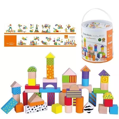 WOODEN Colourful Building BLOCKS Storage TUB 50 pcs EDUCATIONAL Toy Construction