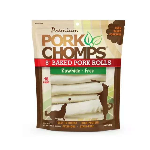 Premium Pork Chomps Baked Pork Skin Rolls 8" Rawhide-Free Rolls 18 Count