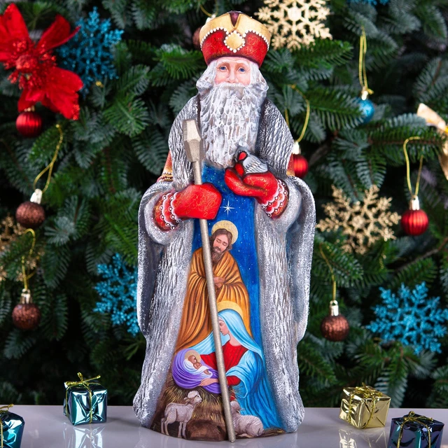 Wooden Hand Carved Santa Claus, Hand Painted Nativity Scene Christmas Home Decor