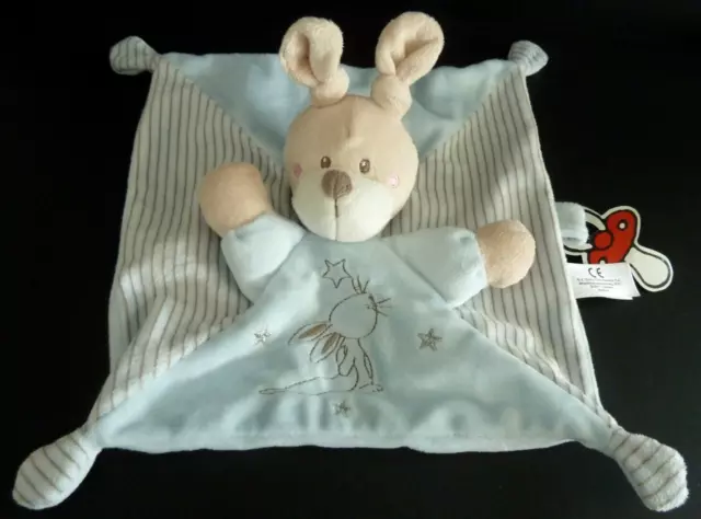 56. Doudou Plat Simba Lapin Bleu Raye Gris Etoile Argent Attache Tetine 100%Neuf