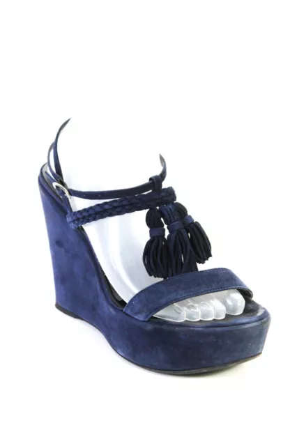 Stuart Weitzman Women's Suede Peep Toe Platform Strappy Wedges Blue Size 8.5