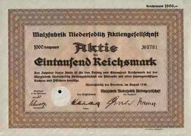 Malzfabrik Niedersedlitz AG 1938 Dresden Heidelberg Prag 1000 RM Gründeraktie