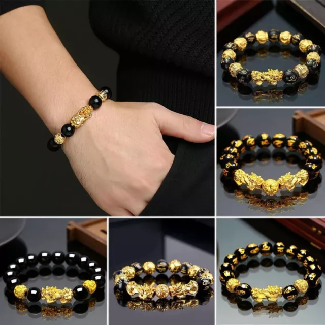 Hot Feng Shui Black Obsidian Wealth Pixiu Bracelet Lucky Beads Wirstband Gift