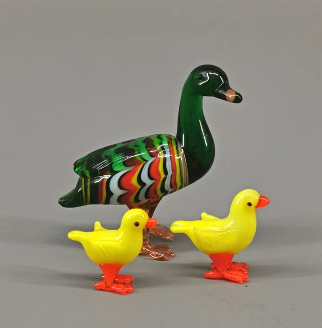 9912106-x Set 3 Vetro Figure Anatra Con 2 Pulcini 6x4cm Soffiato Bocca