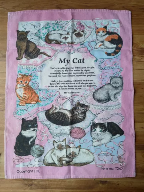 Vintage E.P.L. Cotton Kitchen Tea Towel My Cat Poem Cats Pink New