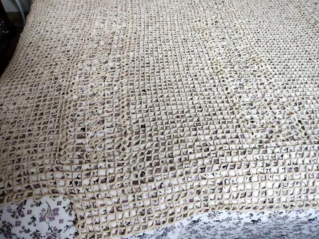 Dessus De Lit Ancien En Coton Crocheté - 220x190 Cm - Filet écru - France