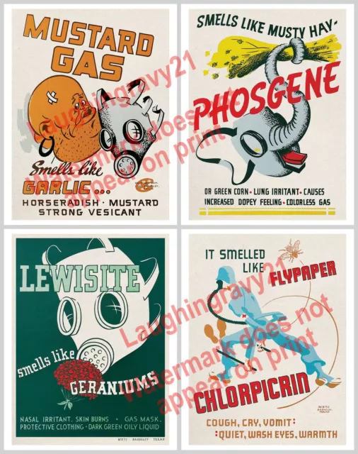 Set Of Four WWII Camp Barkeley Chemical Warfare Training Posters Ver. 1