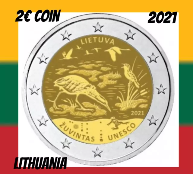 Lithuania 🇱🇹Coin 2€ Euro 2021 UN Zuvintas Biosphere Reserve UNESCO Animal Bird