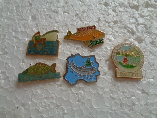 Job lot of 5 fishing related metal lapel pins