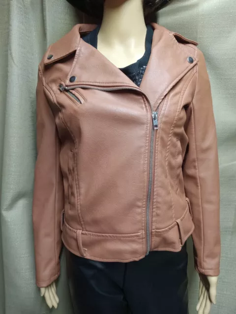 Forever 21 Women's Size Small Brown Faux Leather Full Zip Moto Jacket- No Belt