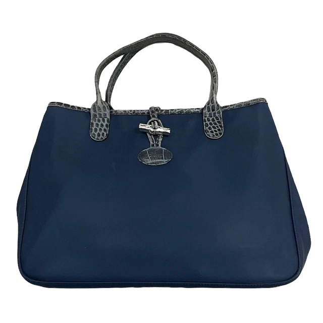 Authentic Longchamp Roseau Navy Canvas Croc Leather Women Purse Bag - Vintage