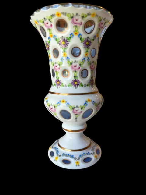 Vtg 9” Bohemian Czech Cased Vase White Cut to Colbolt Blue Handpainted Floral 2