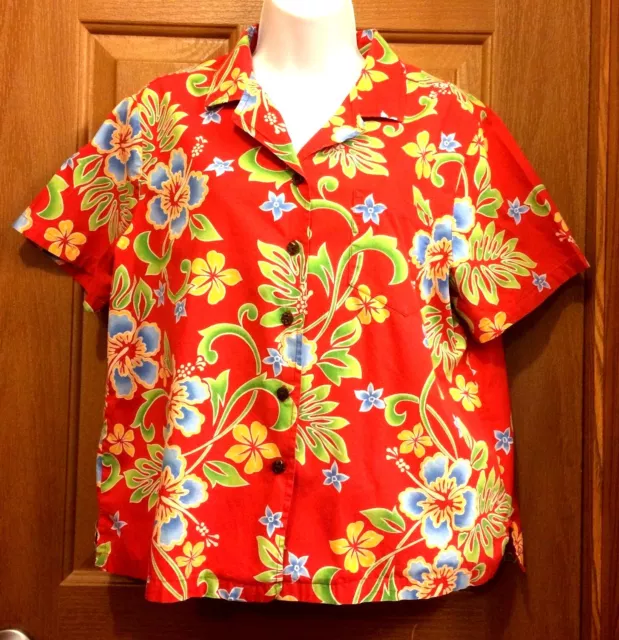 Hilo Hattie The Hawaiian Original Red Hibiscus Camp Shirt Blouse Misses Size L