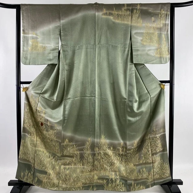 Woman Japanese Kimono Houmongi Silk Grass Haze Silver Thread Gold Foil GrayGreen