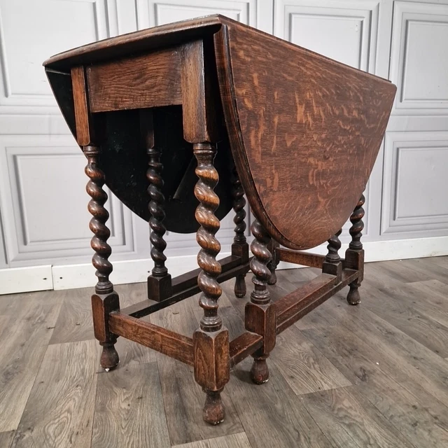 Antique Solid Oak Barley Twist Drop Leaf Gate Leg Sofa Dining Table Oval Wooden