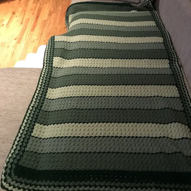 Afghan Green And White Stripes Crochet Sofa Throw Blanket Cover Up 83” x 40”