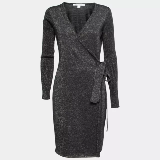 Diane Von Furstenberg Black & Gold Lurex Wool Evelyn Wrap Dress S