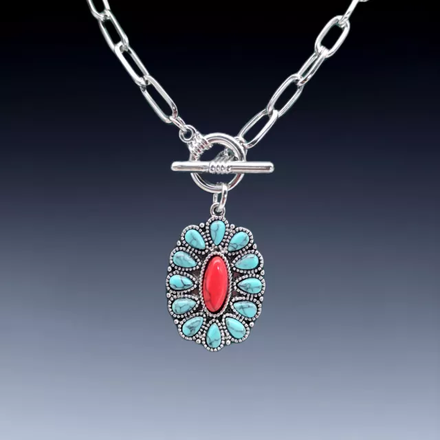 Gorgeous Turquoise Two-Tone Flower Pendant Necklace Women Jewelry Women Gifts 3