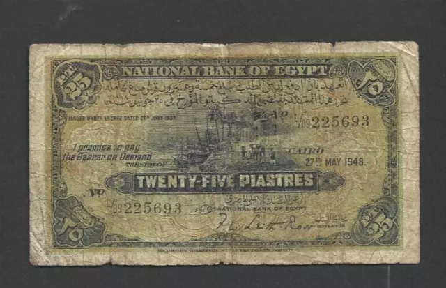 25 Piastres Vg  Banknote From Egypt  1948  Pick-10 Rare