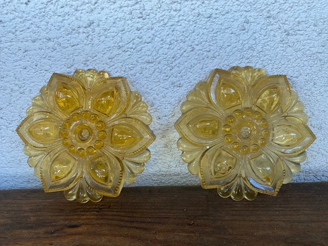 2 Glass Drapery Tie Back Decorations Antique Flower Amber Beautiful Buttons ??? 5