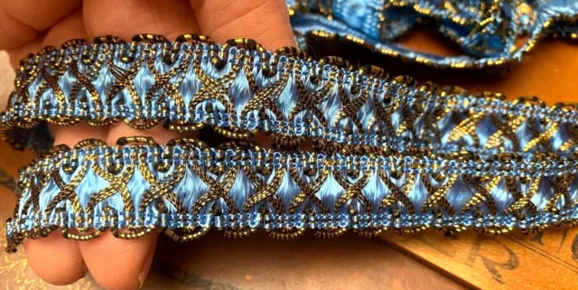 vintage metallic trim ribbon 5/8" blue gold silk 1yd made in France