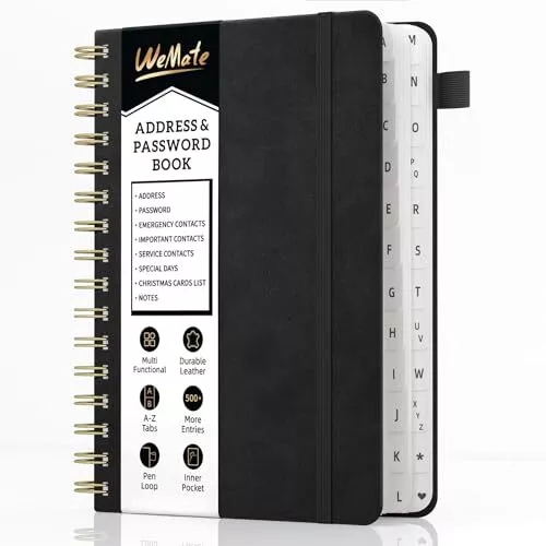Large Print Leather Address Book with Alphabetical Tabs Organize Safely Black