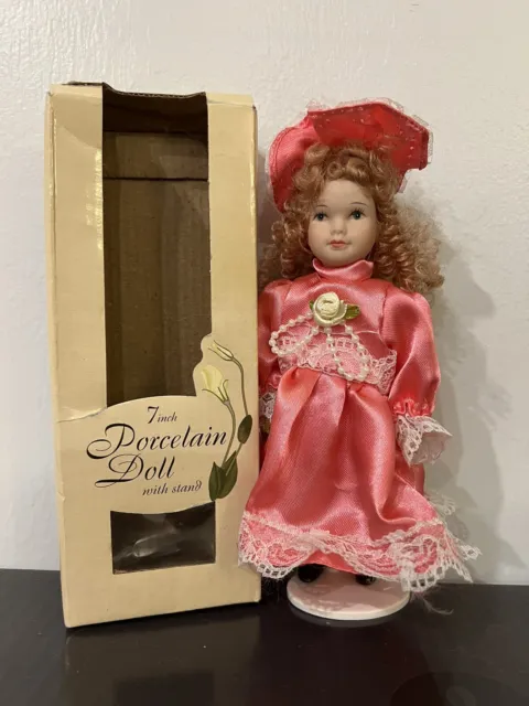 7" Porcelain Doll with Stand Pink Dress Red Hair Blue Eyes