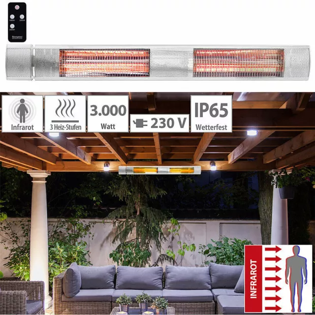 Semptec IR-Außen-Heizstrahler, Goldröhre, 3.000 W, IP65, Fernbedienung, silber