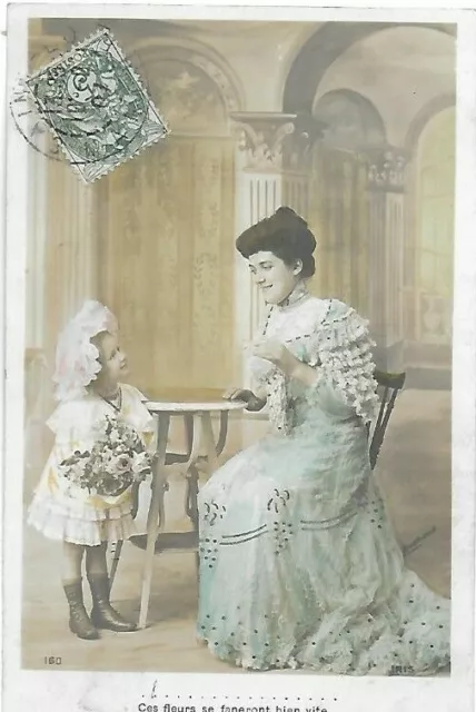 belle CPA carte postale ancienne maman et fillette famille en dentelles