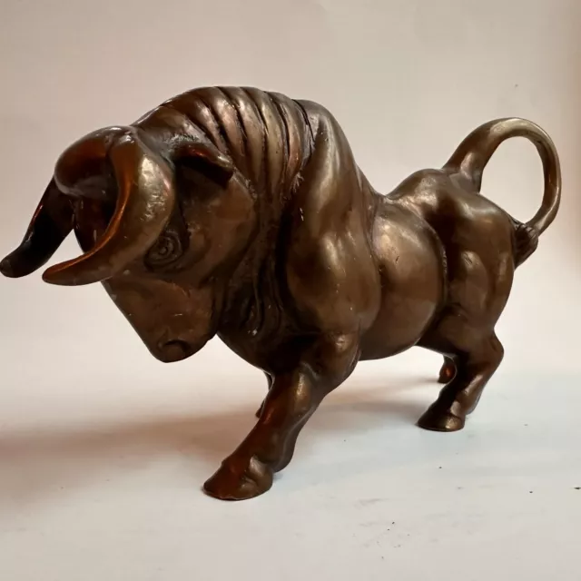 Vtg Bull Sculpture Solid Brass Statue Stock Market Office Desk Metal Toro 8.5 In