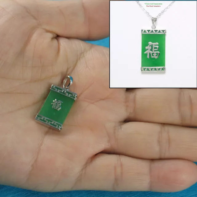 Solid 925 Sterling Silver "Good Fortune" Green Jade Tablet Pendant - TPJ