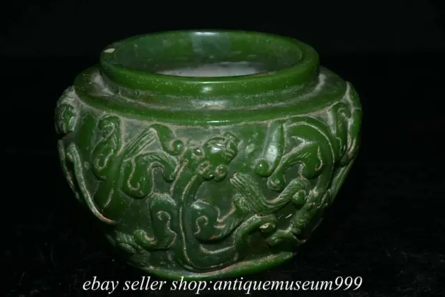 4.8" Old Chinese Green Jade Carving Dynasty Palace Pixiu Beast Tank Jar Jug