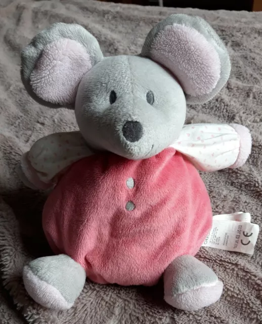 DOUDOU BOULE OBAIBI SOURIS ROSE GRIS Imprimés COEURS GRELOT TBE