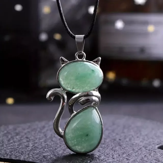 Natural Crystal Stone Green Aventurine Cat Necklace Pendant Healing Gemstone New