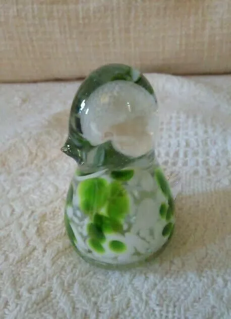 Vintage Art Glass Paperweight - Bird - White And Green