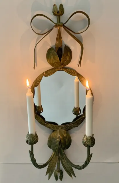 Vtg Pair JOHN-RICHARD Gilt Tole Italian Regency Mirrored Candle Wall Sconces Set