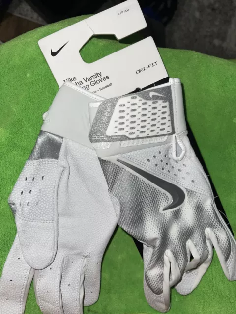 NIKE Alpha Varsity Baseball Batting Gloves Dri-Fit Size Small White Silver NWT🔥