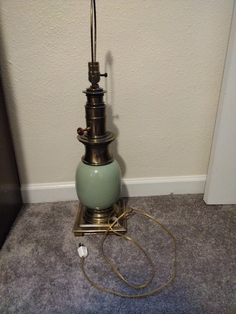 Stiffel cast brass torchiere table lamp, Celadon green ostrich egg porcelain
