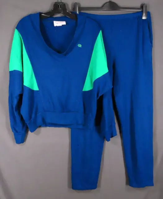 VTG Oscar De La Renta BLUE & GREEN KNIT TRACK SUIT Pants & Dolman Top SZ L