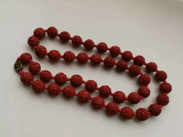 Vtg/Antique Chinese Carved Red Cinnabar Necklace 30" Knotted Filigree Clasp