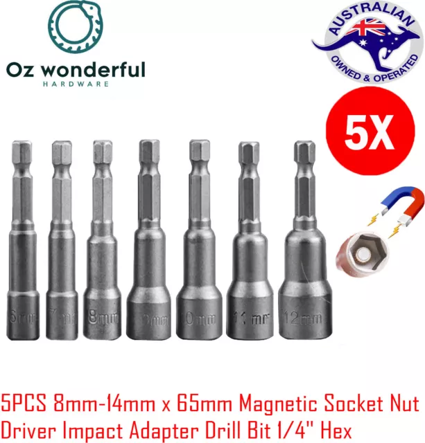 8mm-14mm 65mm Magnetic Socket Nut Driver Set Impact Adapter Drill Bit 1/4" Hex
