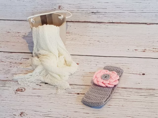 Bandeau bébé fille, fait main, crochet, gris avec rose, 21 cm