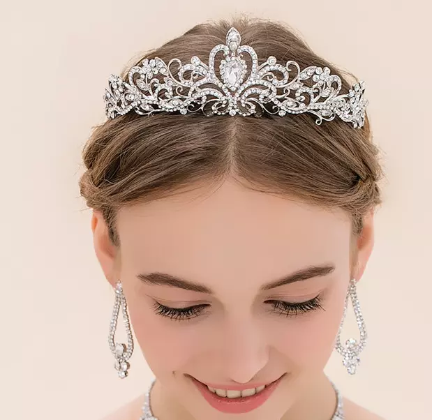 Bridal Princess Austrian Crystal Tiara Wedding Crown Veil Hair Accessory Silver