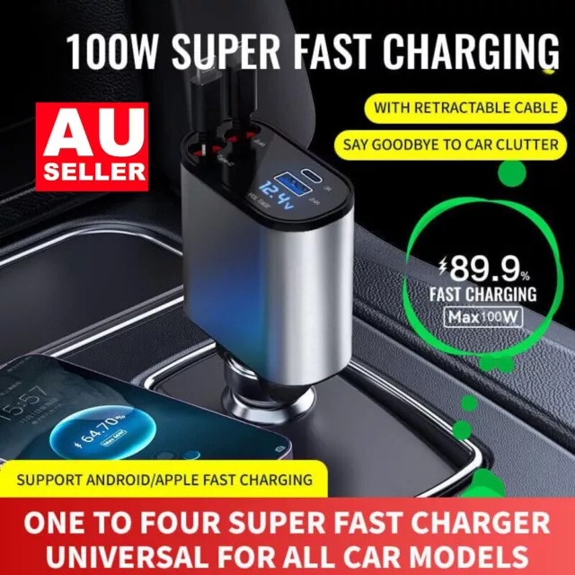 4 IN 1 Retractable Car Charger Cable Dual Port USB-C PD Fast Charging  Adapter