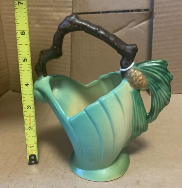 Roseville Art Pottery 408-6 RARE Pine Cone Pinecone Basket 1940 Vintage Green