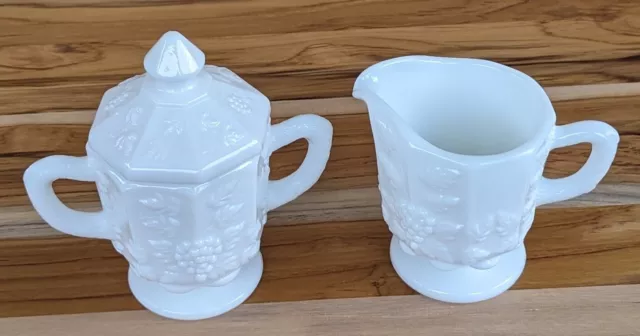 Westmoreland Milk Glass PANELED GRAPE Individual Creamer & Covered Sugar Bowl