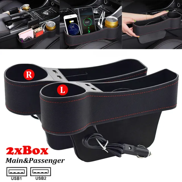2Pcs PU Leather Car Seat Organizer Pocket Dual USB Charging Phone Cup Holder