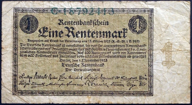 GERMANY 1923 1 Rentenmark P-161 Rentenbank First Post-Inflation Issue