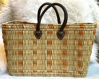 Large Woven Wicker Leather Basket Bag Handbag Boho Cottage Tote Morocco