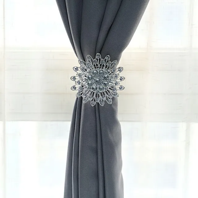 2 SILVER Metallic 4" Crystal Flower Magnetic Curtain Tie Backs Drapery Holdbacks